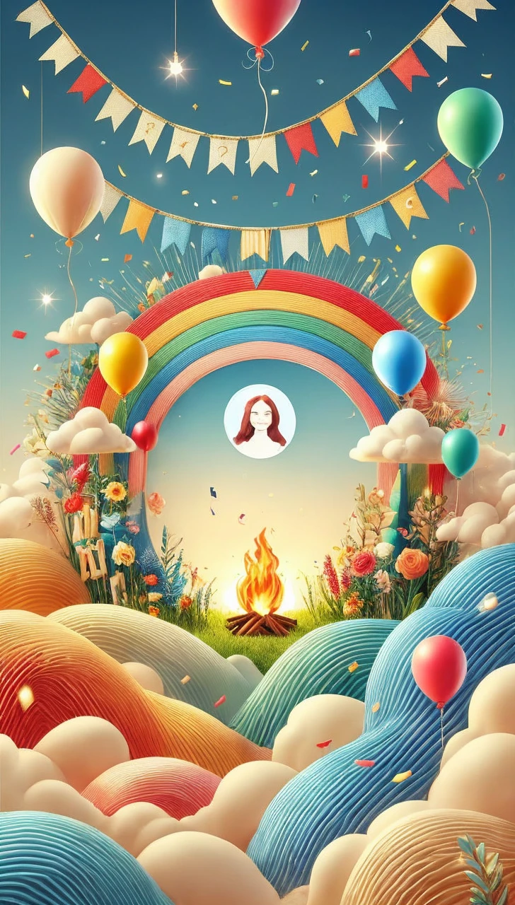 Create an image with the characteristics defined in the tag and avoid using the characteristics defined in the tag.

A celebration image with a colorful and vibrant theme. In the center, there is a bright rainbow surrounded by balloons of different colors, such as blue, green, yellow, red, and orange. At the top, there are colorful bunting flags hanging, creating a festive atmosphere. In the background, a light blue sky with fluffy white clouds. At the bottom, stylized hills in shades of blue, green, and orange, with a wavy texture. Flowers of various colors, including red, pink, and orange, are tered around the base of the rainbow. There is a bright central campfire with yellow and orange flames. Soft and warm lighting illuminates the scene. In the center of the rainbow, there is a circle with the stylized image of a woman with red hair. Colorful confetti is falling from the sky. The composition is balanced and detailed, with a sense of joy and celebration.
