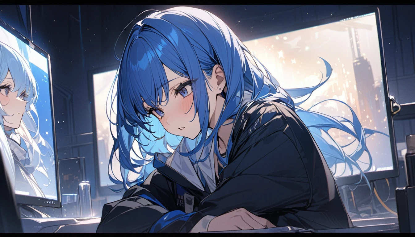 masterpiece,32k,blue haired girl,The starry sky fills the screen、Girl's back view,Art Style、Beautiful digital illustrations、Beautiful character drawings、Stunning Anime Face Portraits, Lo-fi Girl, Artistic style, Anime atmosphere, Digital anime illustration, Anime Wallpapers 8K, Woman with blue hair, High resolution, high quality, Beautiful and realistic sky, j Woman's back view,