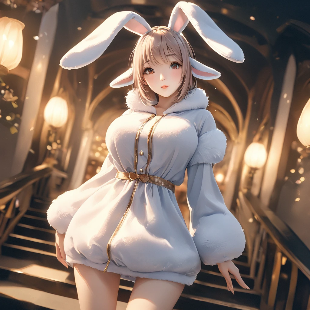 A woman wearing a furry bunny costume，Wearing big bunny ears, full-body shot, Wide Angle, Lovely又充满童真表情, Professional Portraits, Super Fine 8K, high resolution, Detailed facial features, Detailed clothing, Soft Light, excellent, fantasy, Soft colors, Lovely