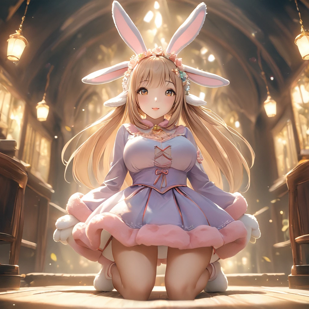 A woman wearing a furry bunny costume，Wearing big bunny ears, full-body shot, Wide Angle, Lovely又充满童真表情, Professional Portraits, Super Fine 8K, high resolution, Detailed facial features, Detailed clothing, Soft Light, excellent, fantasy, Soft colors, Lovely