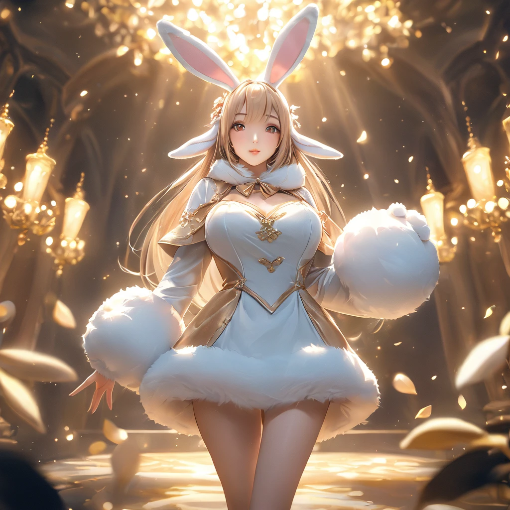 A woman wearing a furry bunny costume，Wearing big bunny ears, full-body shot, Wide Angle, Lovely又充满童真表情, Professional Portraits, Super Fine 8K, high resolution, Detailed facial features, Detailed clothing, Soft Light, excellent, fantasy, Soft colors, Lovely