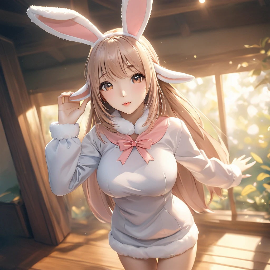 A woman wearing a furry bunny costume，Wearing big bunny ears, full-body shot, Wide Angle, Lovely又充满童真表情, Professional Portraits, Super Fine 8K, high resolution, Detailed facial features, Detailed clothing, Soft Light, excellent, fantasy, Soft colors, Lovely