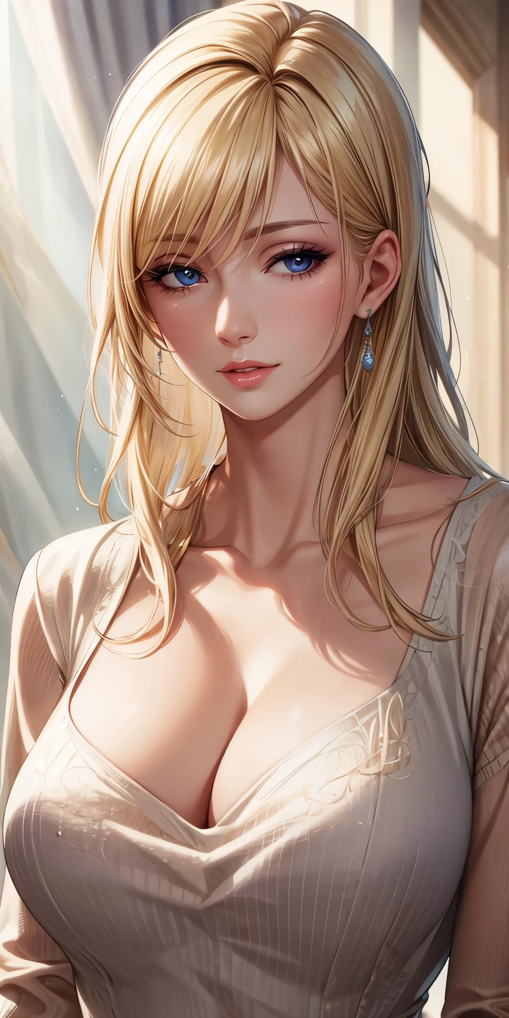 Realistic, Elegant mature woman, blue eyes, blonde hair, soft light, high detailed, 4k resolution, high quality, beautiful cg