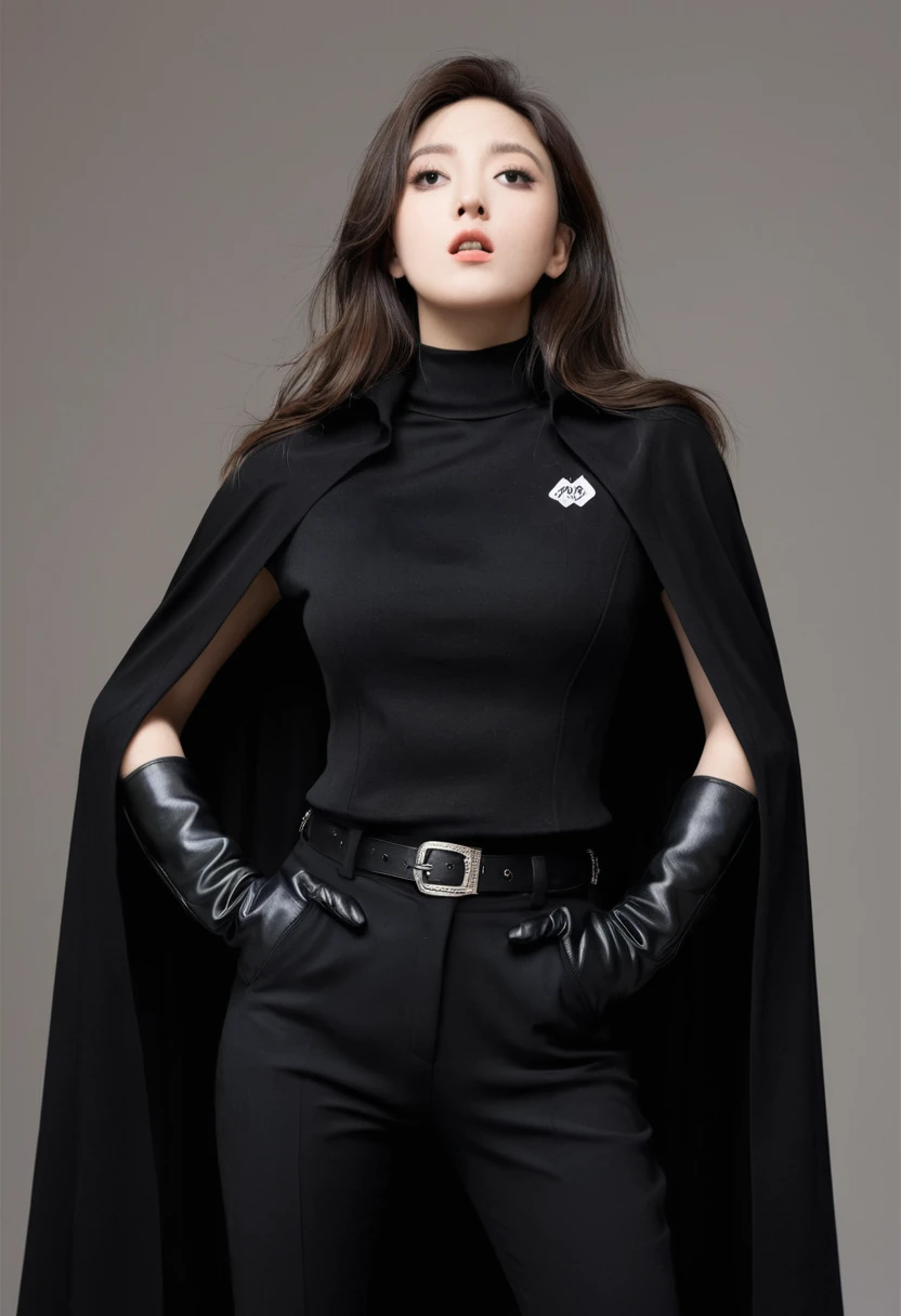 (masterpiece, best quality:1.2), From below, Solitary, 1 Girl, loudly, Poker face, Shut up, Looking at the audience, Hands on hips, Black jacket, cape, Black pants, Black gloves