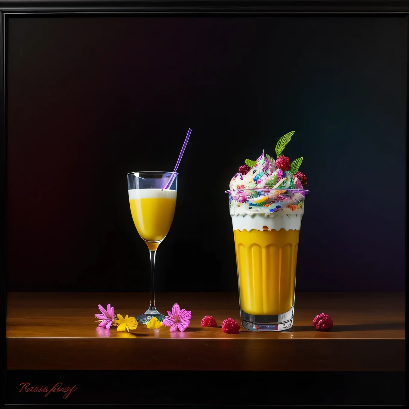 Colorful flowers on the table,
knickerbocker glory, tall and ultra-thin glasses, colorful ice cream, purple ice cream, raspberry, cooley, blueberry, chopped chocolate, powdered sugar, intricate, oil on canvas, masterpiece, expert, detail, 4K resolution, splash art, concept art, composition, framing, refined features,