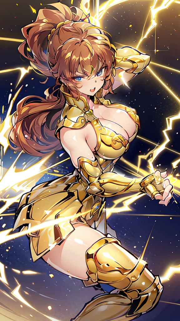 Gold Armor, 4K image, rallies, best quality, masterpiece, movie lighting ，Sexy，Large Breasts，Cleavage，action，In battle，cleavage，anger，noble，Light beams from hands，Golden lightning all around，red hair，ponytail hairstyle，Saint Seiya Leo Aiolia，Wink，lipstick