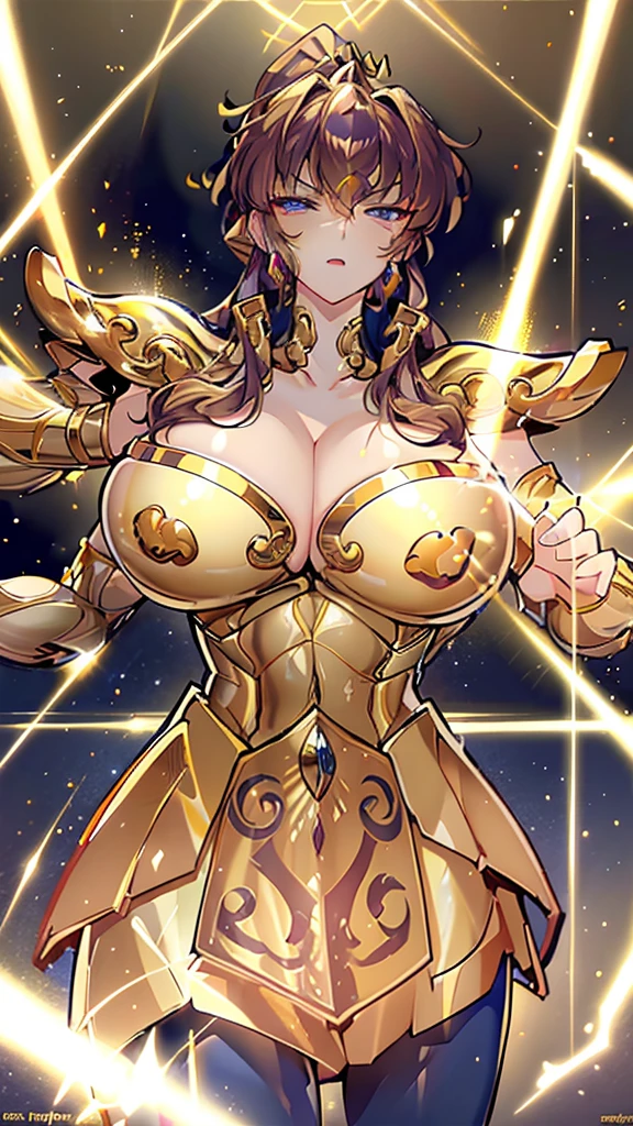 Gold Armor, 4K image, rallies, best quality, masterpiece, movie lighting ,Sexy,Large Breasts,Cleavage,action,In battle,cleavage,anger,noble,Light beams from hands,Golden lightning all around,red hair,ponytail hairstyle,Saint Seiya Leo Aiolia,Wink,lipstick