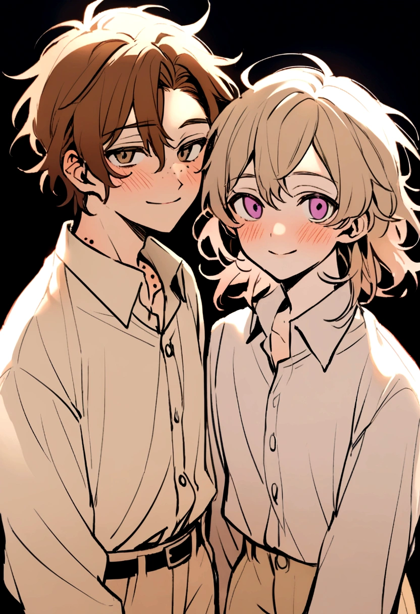 Create a boy who is around 20 years old. Shown from the waist up. Have your hair a little disheveled, copper color and lighter hair ends. Have lilac eyes, who has many freckles all over his face, a mole on his neck and several moles on his body. Let him have a slight smile and a slight blush. Have a white button-down dress shirt and light beige pants.