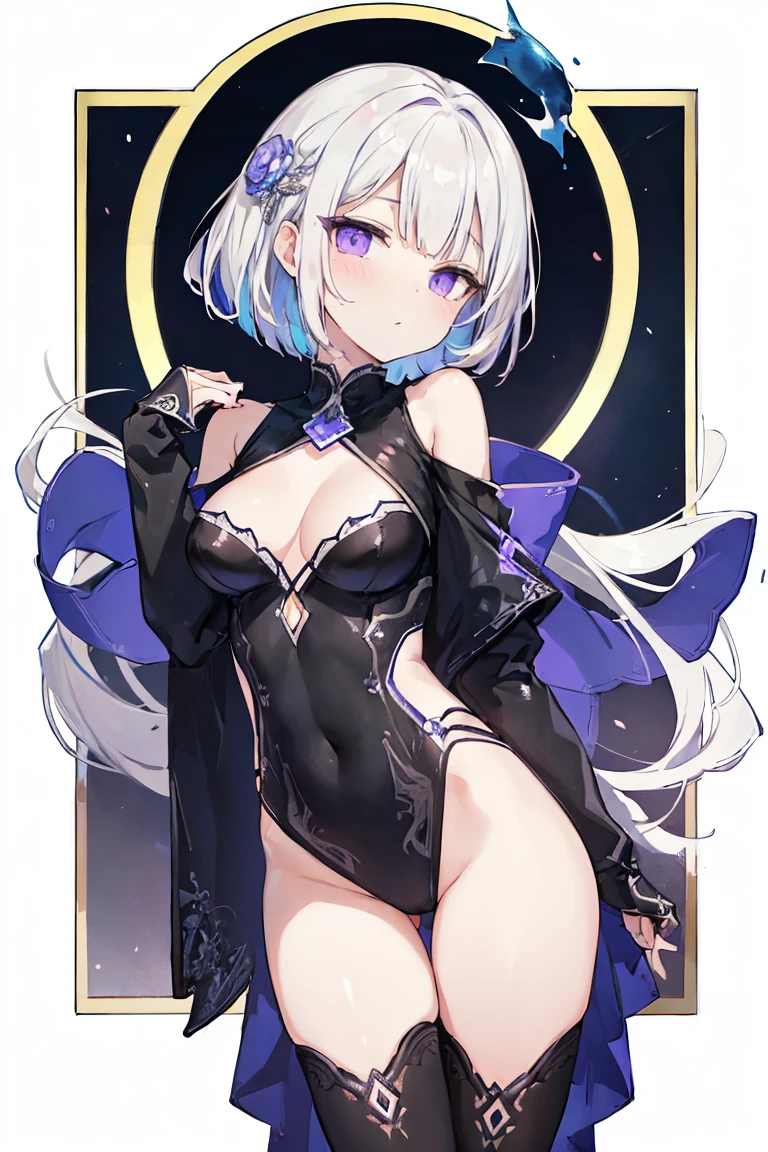 1girl, アニメ, cute girl, blank background, white background, fantasy, detailed fantasy dress with highlights, beautiful face, beautiful eyes, dark colors, black hair with multicolor streaks, red eye with different color pupil in eye, multicolor eye, medium breasts, slight cleavage, beautiful skin, cute, breast curtains, extremely delicate and beautiful, (beautiful detailed face:1.0), (detailed deep eyes), symmetrical breasts, deep eyes, shiny skin, portrait, slender waist, hips wider than shoulders, thighs, expressionless, young girl, luminous eyes, adorable，（Kpop idol）,（aegyo sal：1），（Platinum blonde hair：1），（（puffy eye）），Black panty，sexy posture，Superskirt, Ultra-high resolution，Black collar，slim figure, Abdominal y tattoo, womb tattoo，Tight-fitting leg ring，y tattoo on half-body，Bare skin, Armored hand，Hidden fingertips，Hand covered，Arm covered，Fist covered,{{beautiful detailed fingers}}, tufts of hair, moderate beautiful breast:1.0,(masterpiece:1.2), best quality, high-res, HDR, perfect face, intricate armor, delicate blue filigree, intricate filigree, red metalic parts, detailed part, dynamic pose, dynamic lights, cute face, neutral expression, shuimobysim, lotus, Hanfu, maxi skirt, dress conservatively 1girl, 独奏, long blue hair, standing, One lady,ars,((White hair) ,(Shiny purple bodysuit with microskirt),((Fantasy, Moon Night)), gradient_eyes,