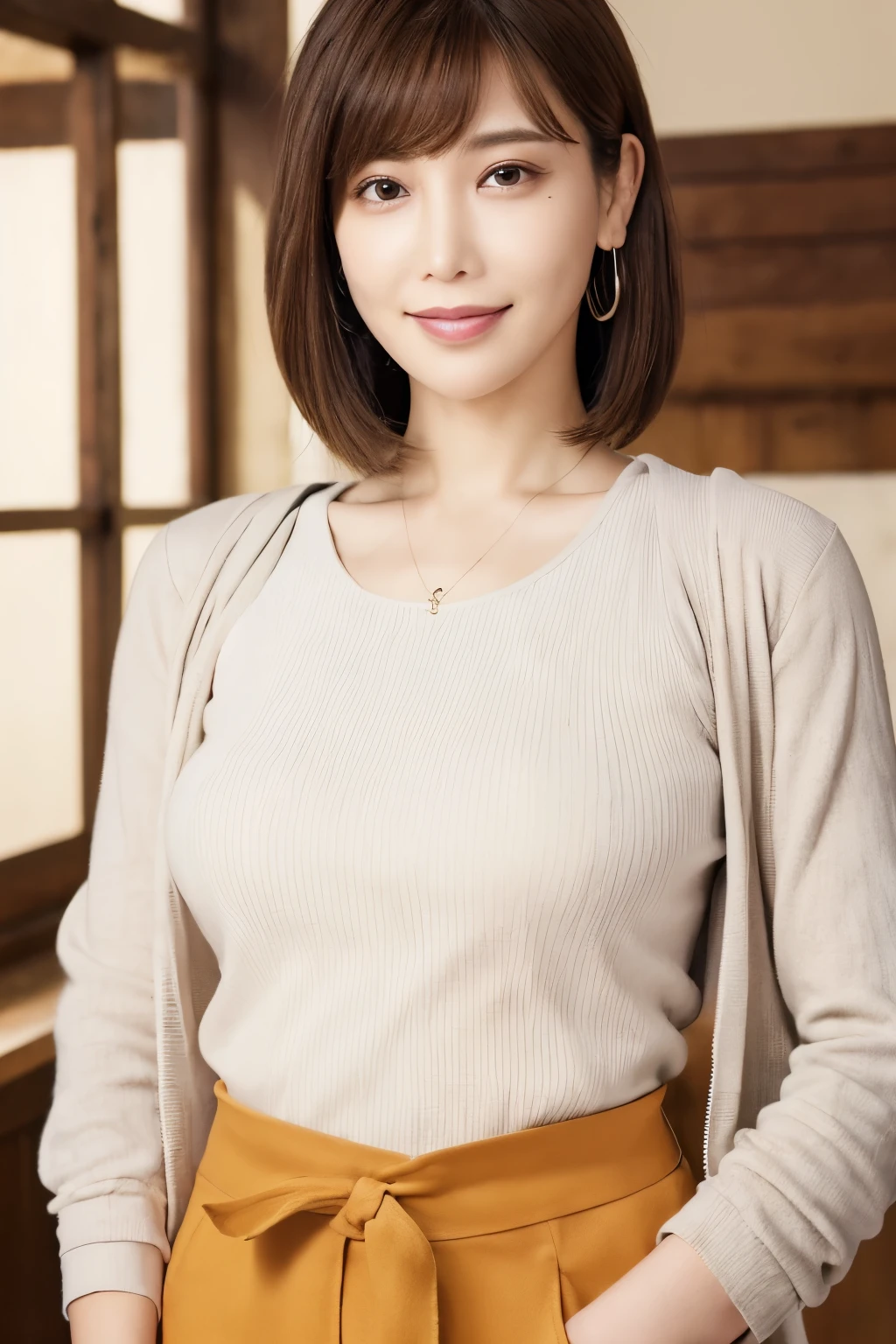 (8k, RAW photos, top quality, masterpiece: 1.2), ultra detailed, super resolution, (real photos: 1.37), portraits, high definition RAW color photos, professional photos, official art, highly detailed CG Unity 8k wallpapers, beautiful Japanese woman, {30|40} years old, highly detailed faces, Highly detailed eyes, highly detailed skin, Highly detailed nose, Highly detailed mouth, Perfect anatomy, Highly detailed background, Highly detailed clothing, One Girl, housewife, realistic body, white skin, radiant skin, slender body, very thin waist, handsome body, brown hair, {short|long} hair, (blunt bangs:1.2), cute face, slight smile, Realistic Face, outfits with a daring design, Earrings, Camera Gaze, Cowboy Shot, Standing Figure, Dynamic Lighting,