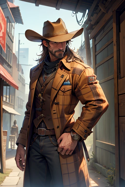 
man, cowboy sherif, long brown open plaid coat, cowboy hat