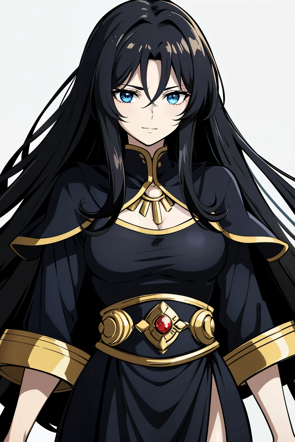 (high-quality, breathtaking),(expressive eyes, perfect face) portrait, Symmetrical Eyes, 1girl, girl, solo, young adult, black hair, blue coloured eyes, stylised hair, gentle smile, medium length hair, loose hair, side bangs, wavy curley hair, fluffy hair, looking at viewer, portrait, ancient greek clothes, black long sleeved tunic gold trim around collar edges and down middle, greek, red and gold sash, simple background, slightly narrow eyes, , happy expression, clothes similar to Hypnos Saint Seiya, clothes similar to Alone Saint Seiya, C cup size breasts, hair between eyes, Persephone Saint Seiya
