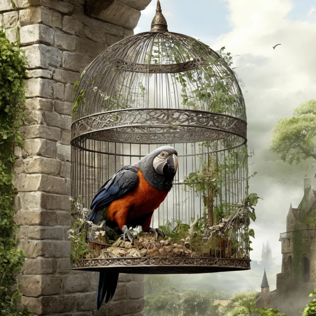 ((best quality)), ((masterpiece)), ((realistic,digital art)), (super detailed), (echoppe avec un perroquet dans une cage), (style medieval fantasy)