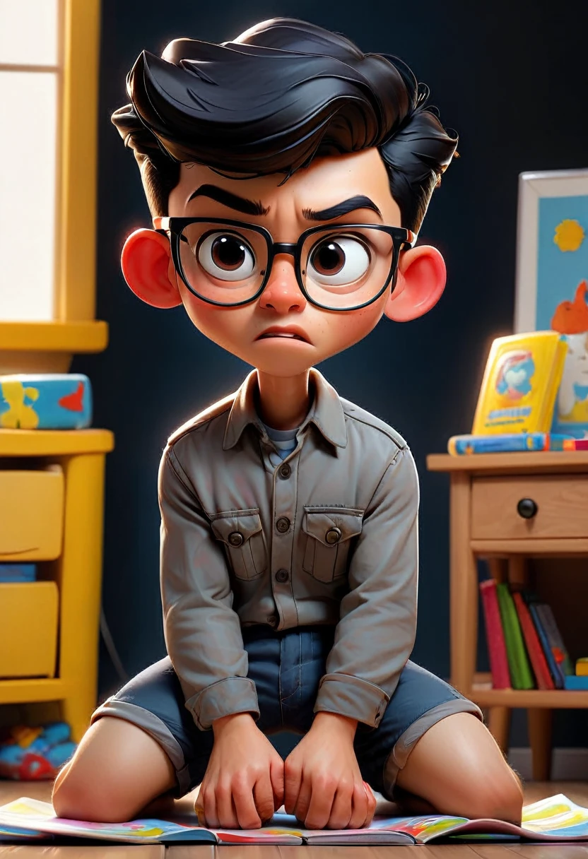 Cartoonish caricature full body with a big head An 20yo Indonesian man short black hair with some gray,a square face with defined jawline, wearing black thick-rimmed glasses, medium-sized eyes with thick eyebrows, medium-sized nose, slightly open mouth.Lay on the floor. Dark blue mattress, yellow pillow, blue eyes, cute, sweet, excited. Wearing children's shorts. You can see several books on the floor. Gradient black background with professional lighting. masterpiece, top quality, skin and face very detailed, ultra-realistic, high definition, studio lighting, sharp focus, detailed photography, photo portraits