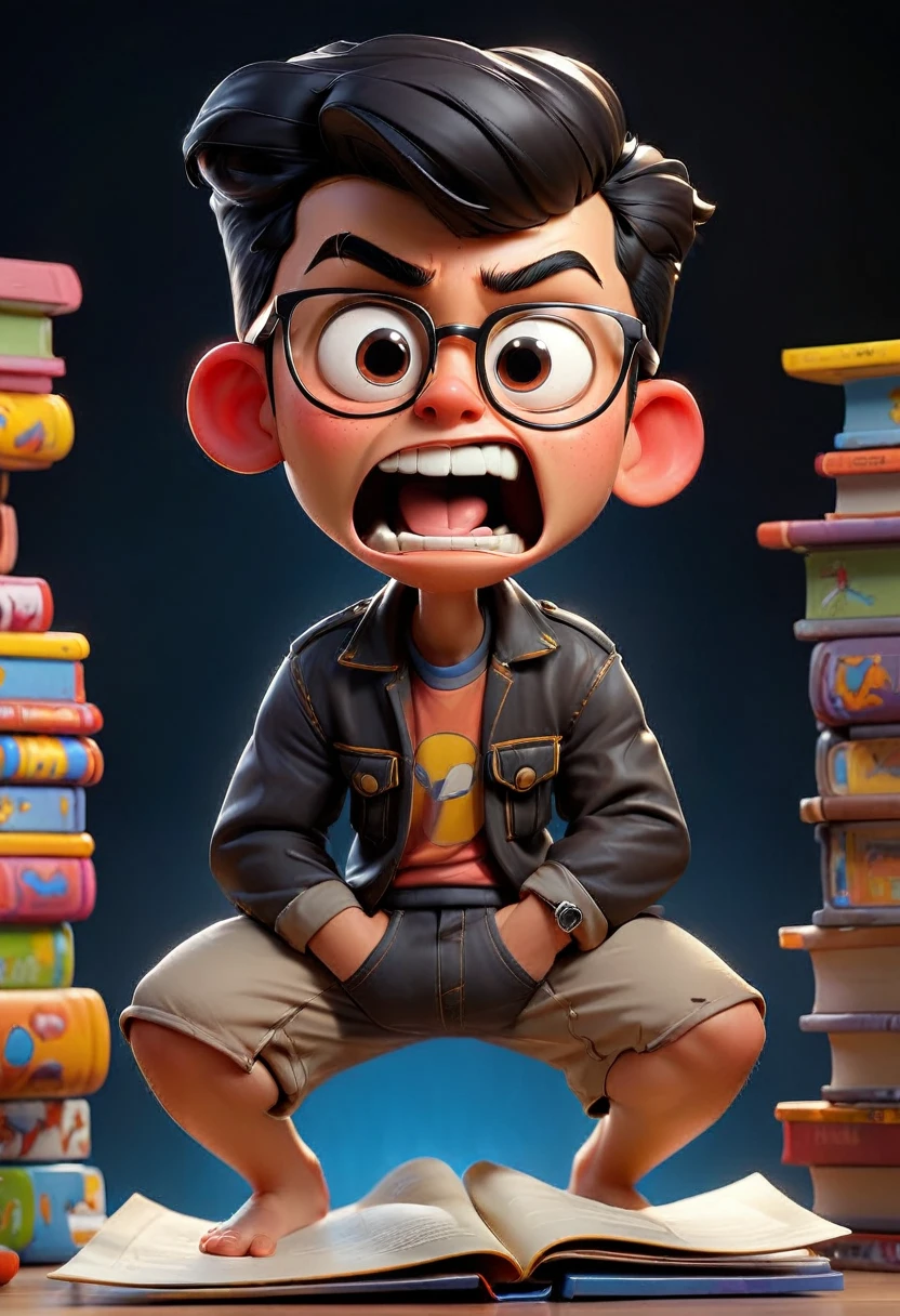 Cartoonish caricature full body with a big head An 20yo Indonesian man short black hair with some gray,a square face with defined jawline, wearing black thick-rimmed glasses, medium-sized eyes with thick eyebrows, medium-sized nose, slightly open mouth.Lay on the floor. Dark blue mattress, yellow pillow, blue eyes, cute, sweet, excited. Wearing children's shorts. You can see several books on the floor. Gradient black background with professional lighting. masterpiece, top quality, skin and face very detailed, ultra-realistic, high definition, studio lighting, sharp focus, detailed photography, photo portraits