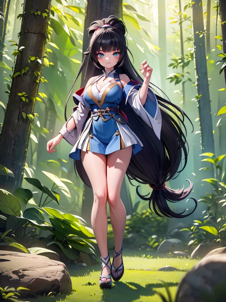 Seizo Watase style, Simple Line Initialism，Abstract art, 3d character, colorful hearts ,(((The most beautiful girl of all time))),  (full body 1.2), only girl, 20 year old, full body, (((8k))), (((3d))), long hair, black hair, jungle background, hair tied high, 