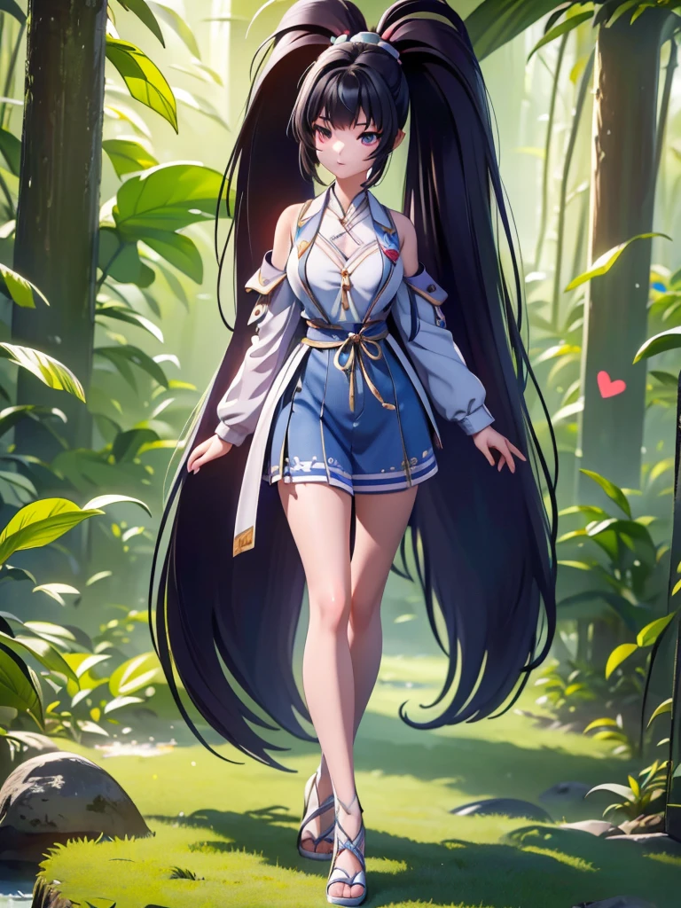 Seizo Watase style, Simple Line Initialism，Abstract art, 3d character, colorful hearts ,(((The most beautiful girl of all time))),  (full body 1.2), only girl, 20 year old, full body, (((8k))), (((3d))), long hair, black hair, jungle background, hair tied high, 