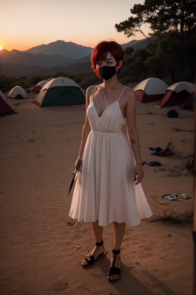 A camp at sunset surrounded by blood and dead people, we also see a shadow of a woman in a knee-length white dress, short red hair, wearing a black mask with a practiced glitter crying face and holding a knife in his hand.