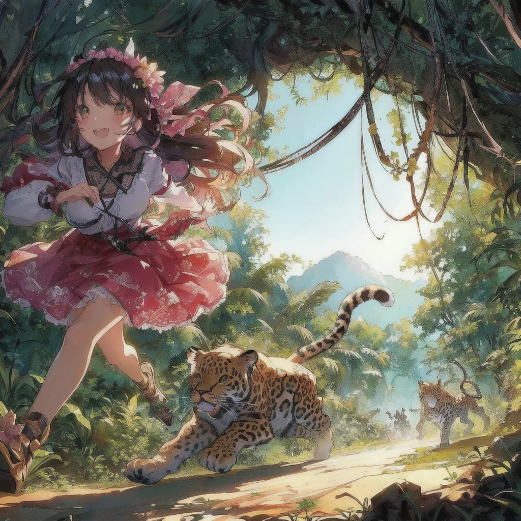 Anime girl running through the jungle with a leopard baring its teeth, Crazy Smile,Anime fantasy illustration, 2. 5 d cgi Anime fantasy artwork, Anime fantasy artwork, Anime Style 4k, 4K Manga Wallpapers, Fantasy art style, Beautiful anime art, Anime illustration, Fantasy-style anime, Anime Nature, anime art wallpaper 4k, anime art wallpaper 4k, Detailed digital anime art