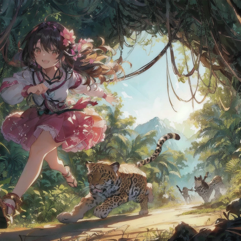 Anime girl running through the jungle with a leopard baring its teeth, Crazy Smile,Anime fantasy illustration, 2. 5 d cgi Anime fantasy artwork, Anime fantasy artwork, Anime Style 4k, 4K Manga Wallpapers, Fantasy art style, Beautiful anime art, Anime illustration, Fantasy-style anime, Anime Nature, anime art wallpaper 4k, anime art wallpaper 4k, Detailed digital anime art