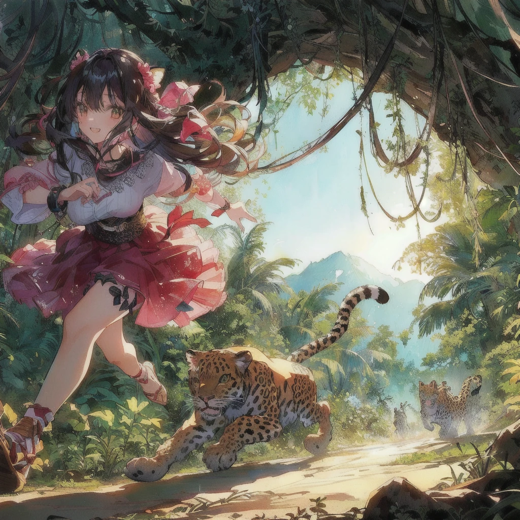 Anime girl running through the jungle with a leopard baring its teeth, Crazy Smile,Anime fantasy illustration, 2. 5 d cgi Anime fantasy artwork, Anime fantasy artwork, Anime Style 4k, 4K Manga Wallpapers, Fantasy art style, Beautiful anime art, Anime illustration, Fantasy-style anime, Anime Nature, anime art wallpaper 4k, anime art wallpaper 4k, Detailed digital anime art