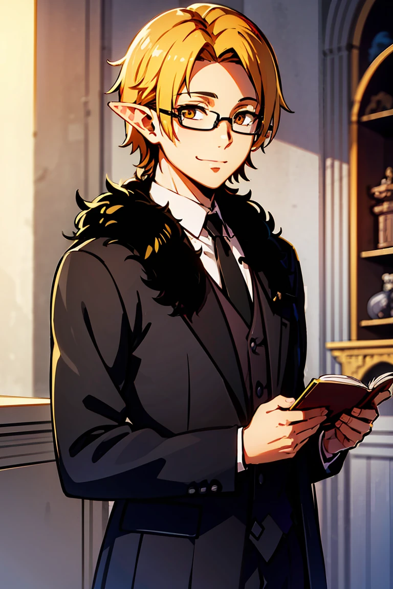 A half-elf man, high, Delgado, very pale skin, black fur, golden locks, short hair, golden colored eyes, light semi-formal cloDelgadog. glasses. very Delgado man. very beautiful man. Medieval world, background of an elegant castle, Confident smile