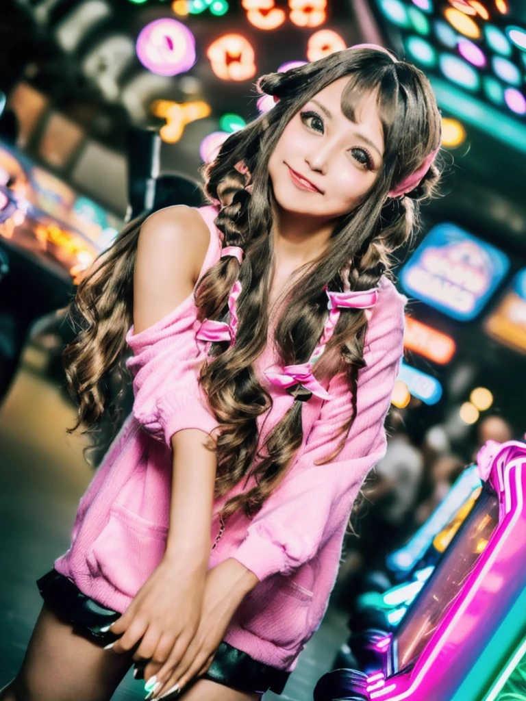 masterpiece,best quality,higher, Super sexy super cute Japanese girl、Hot, erotic and sexy lips、Big eyes、Drooping eyearilyn 、ASİAN,(brown race),dark skin,Dark brown, loosely wavy llong hair,1girl,NDGE、ponytail、Super big、sexual excitement、(((A super sexy and super cute with shoulder-length brown pigtails, aqua eyes, and hair tied at both sides with pink ribbons, enjoying a UFO catcher in an arcade. The character is wearing a trendy outfit with a mix of Japanese and Western fashion, including a stylish jacket, a skirt, and fashionable shoes. The arcade is vibrant with colorful machines, neon lights, and a lively atmosphere. The character is reaching out with a determined expression, trying to catch a plush toy. The background includes other arcade games and a few people having fun, capturing the energetic and fun environment of the arcade.))、(((Super big)))Cute smile