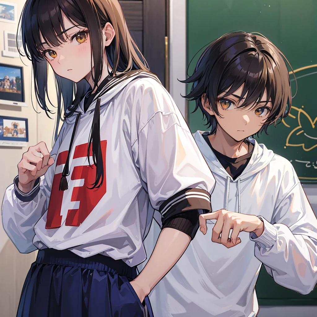 GAROTO homem adolescente de anosアニメ NA ESCOLA, SUPER ATTRACTIVE, WEARING A WHITE SWEATSHIRT, brown skin color, Brunetette, blacksad, brazileiro, FOOTBALL LIKE, WEARS SMALL MEN'S STUDED EARRINGS, アニメ.