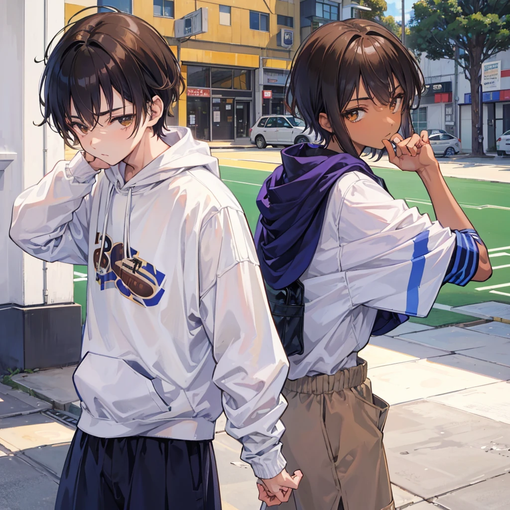 GAROTO homem adolescente de anosアニメ NA ESCOLA, SUPER ATTRACTIVE, WEARING A WHITE SWEATSHIRT, brown skin color, Brunetette, blacksad, brazileiro, FOOTBALL LIKE, WEARS SMALL MEN'S STUDED EARRINGS, アニメ.