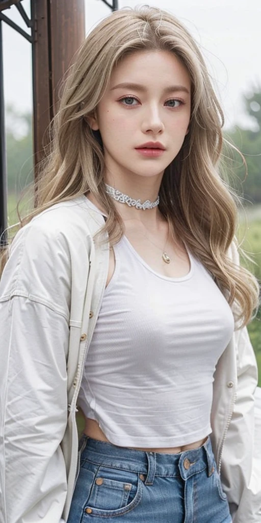 1girl, medium breasts, blonde hair, long hair, wavy hair, grey eyes, white feathered wings, angel, outdoors, white jacket, choker, tank top, jeans