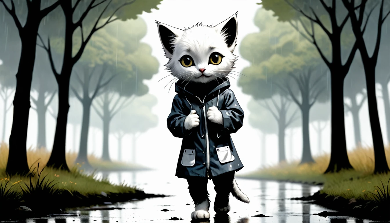 (photo cinematic), (((raining))), anthropomorphic, cute white kitten, raincoat, misty park, walking, listening to music on headphones, 2D, silhouette, Jean-Baptiste Monge style, Alan Lee style
