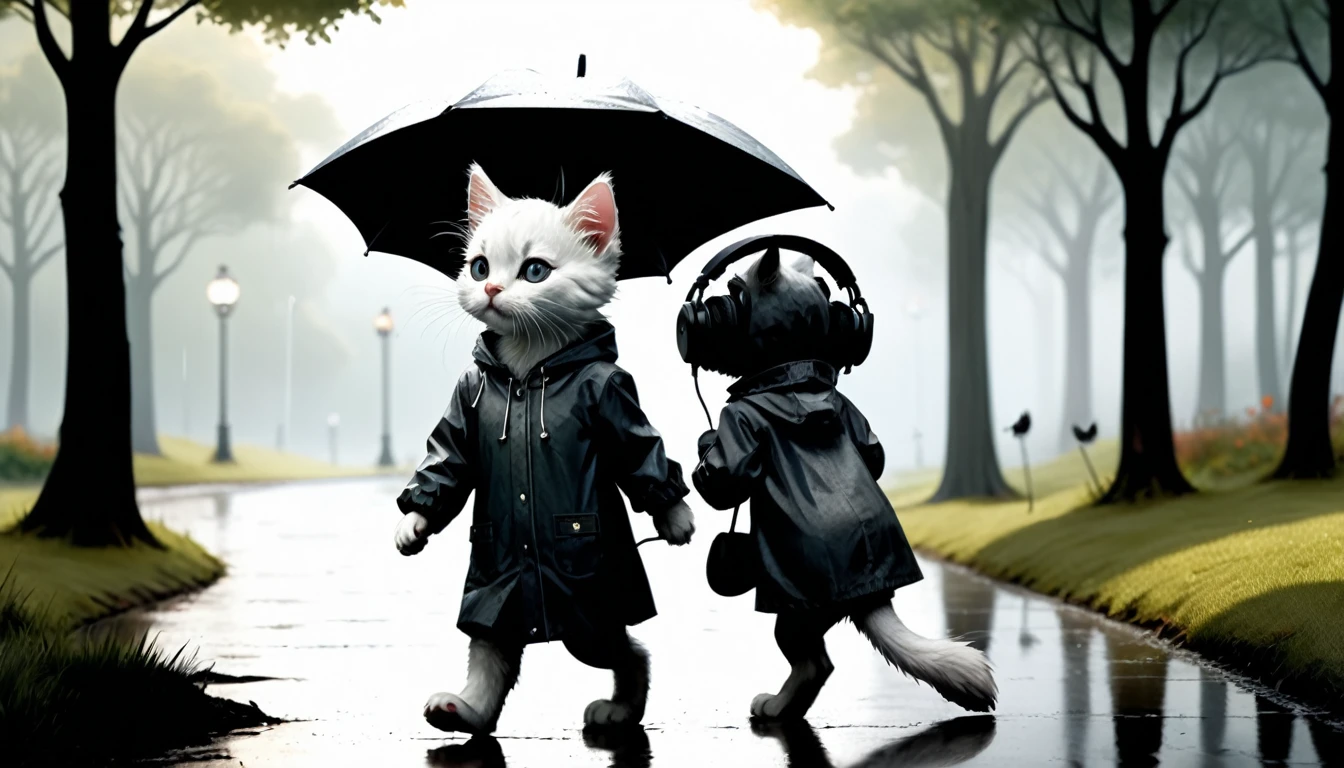 (photo cinematic), (((raining))), anthropomorphic, cute white kitten, raincoat, misty park, walking, listening to music on headphones, 2D, silhouette, Jean-Baptiste Monge style, Alan Lee style