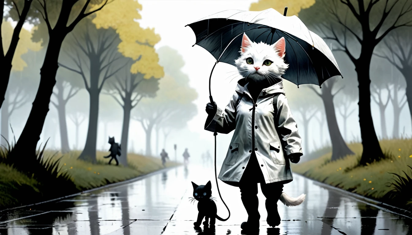 (photo cinematic), (((raining))), anthropomorphic, cute white kitten, raincoat, misty park, walking, listening to music on headphones, 2D, silhouette, Jean-Baptiste Monge style, Alan Lee style