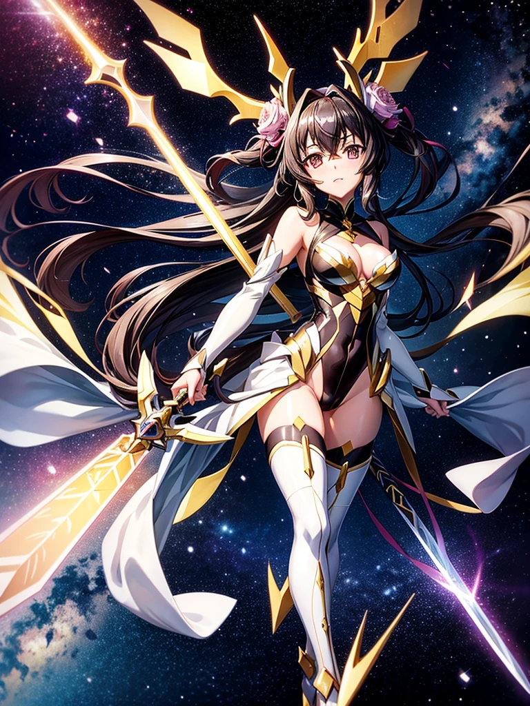Highest quality,Highest Resolution,A beautiful girl in a metallic high-leg outfit, like Tsukuyomi Shirabe from Symphogear,Earth Behind,universe,Milky Way,Black Hair,Sword1I have it in my hand,