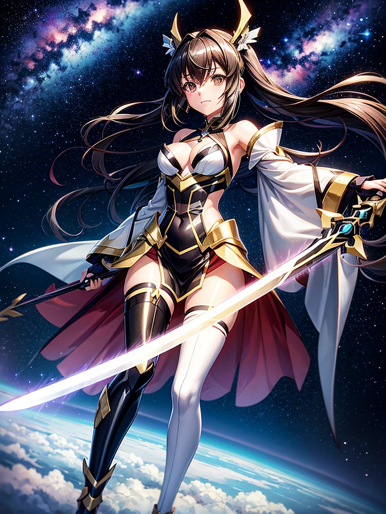 Highest quality,Highest Resolution,A beautiful girl in a metallic high-leg outfit, like Tsukuyomi Shirabe from Symphogear,Earth Behind,universe,Milky Way,Black Hair,Sword１I have it in my hand,