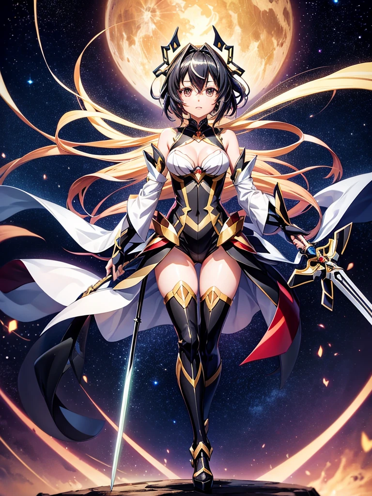 Highest quality,Highest Resolution,A beautiful girl in a metallic high-leg outfit, like Tsukuyomi Shirabe from Symphogear,Earth Behind,universe,Milky Way,Black Hair,Sword1I have it in my hand,