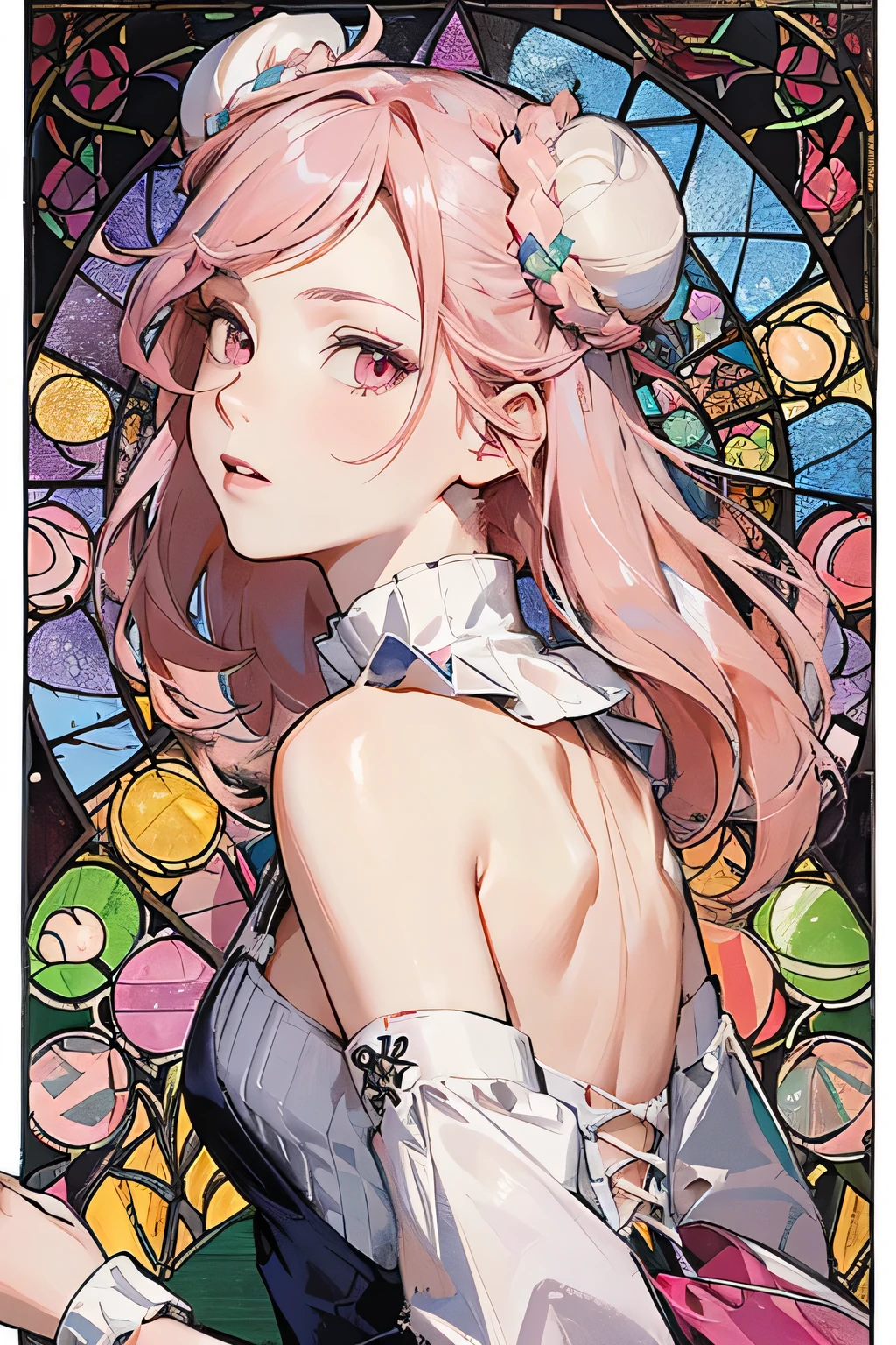 (masterpiece, Highest quality), 8K,(((Very detailed))), race:1.8,Super intricate race pattern,colorful race pattern,Stained Glass Background, kaleidoscope,light up, 1 female,Open Back,Top Bust:1.5,(Hair Ribbon:0.4), Pink Eyes,(((White bun hair))),(((Long pink hair))),