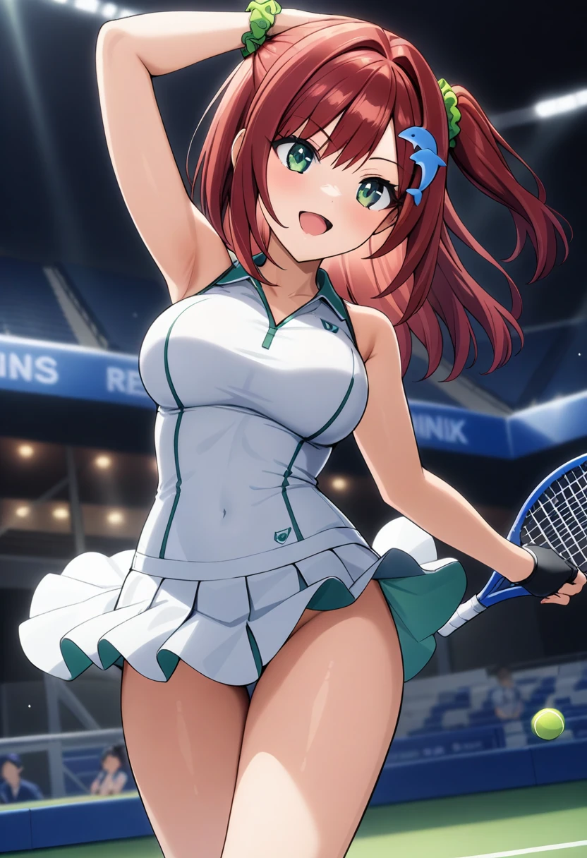 1girl, sakimiya iruka, dolphin wave, red hair, one side up, green scrunchie, hair ornament, green eyes, 

tennis uniform, 
cowboy shot, 
masterpiece, best quality, very aesthetic, newest, cinematic lighting, highres, absurdres, incredibly absurdres, 