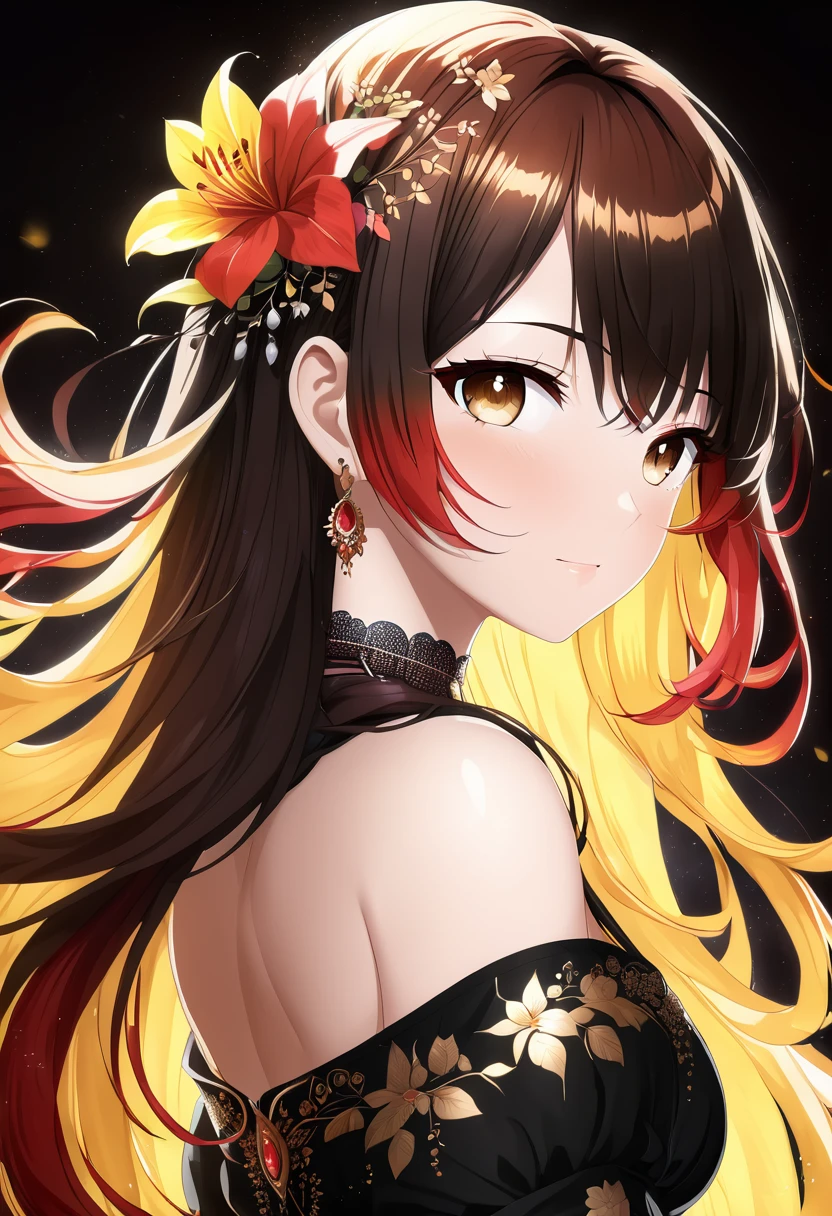 (((best quality))), ((ultra-detailed)), ((an extremely delicate and beautiful)), ((16k)), realistic, hd, cgi, gleaming hair, gleaming skin, gleaming dress, Character focus, solo, strong light coming in, sharp focus, illustration, game cg, anime, solo, curvy, (big breasts:1.3), forehead, faste collarbone, (belly:0.9), looking at the viewer, flower hair ornament, accessories, backlighting, shiny skin, shiny body, necklace, jewellery, black-brown hair, bead necklace, red faded into black coloured hair, brown eyes, long hair,  red ombre hair, red-black hair, more yellow hair streaks, loving caring look, slightly close to the viewer, looking at viewer