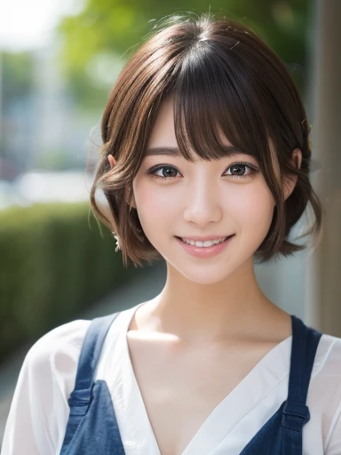 masterpiece:1.3), (8K, Realistic, RAW Photos, Best image quality: 1.4), Japanese schoolgirl、(Random Hairstyles:1.2)、Highly detailed face、Attention to detail、double eyelid、Chest to chest、Sharp focus:1.2、Beautiful woman:1.4、Light brown hair、Highest quality、masterpiece、Ultra-high resolution、(Realistic:1.4)、非常に詳細でプロフェッショナルに照明されたsmile、Loose, Summer clothes、smile、Short-haired