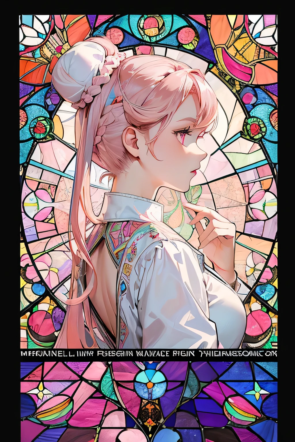(masterpiece, Highest quality), 8K,(((Very detailed))), race:1.8,Super intricate race pattern,colorful race pattern,Stained Glass Background, kaleidoscope,light up, 1 female,Open Back,Top Bust:1.5,(Hair Ribbon:0.4), Pink Eyes,(((White bun hair))),(((Long pink hair))),
