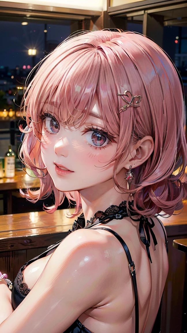 (Masterpiece, BestQuality:1.3), (ultra detailed:1.2), (hyperrealistic:1.3), (RAW photo:1.2), High detail RAW color photo, professional photograph, (Photorealistic:1.4), (realistic:1.4), (Pink Hair:1.5), professional lighting, perfect anatomy, (Big Breasts:1.2), (blush, detailed face), (A happy smile:1.7), Trending Hair&Trending Hairカラーをランダムに, earrings, necklace, bracelet, sexly, erotic sexly, Random sexy gravure poses, (Sexy beauty in a black open back dress、Enjoying cocktails at a bar at night、Curly dark brown hair、A seductive smile、Leaning on the counter。:1.3)