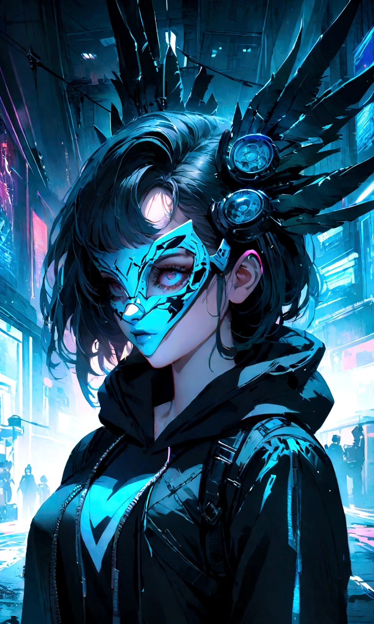 There was a girl wearing a mask and a black hoodie,With a knife in his hand, Hyper-realistic cyberpunk style,Digital cyberpunk anime style,cyan colors
