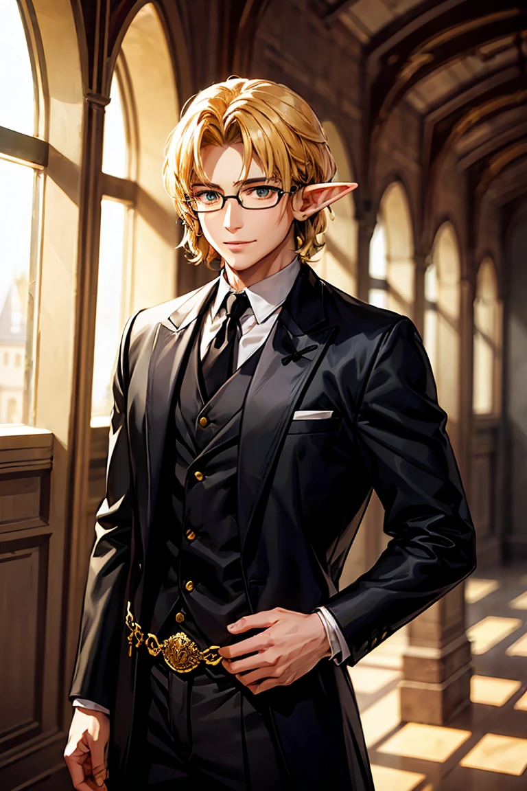 A half-elf man, high, Delgado, very pale skin, black fur, golden locks, short hair, golden colored eyes, light semi-formal cloDelgadog. glasses. very Delgado man. very beautiful man. Medieval world, background of an elegant castle, Confident smile, The clothes have a style