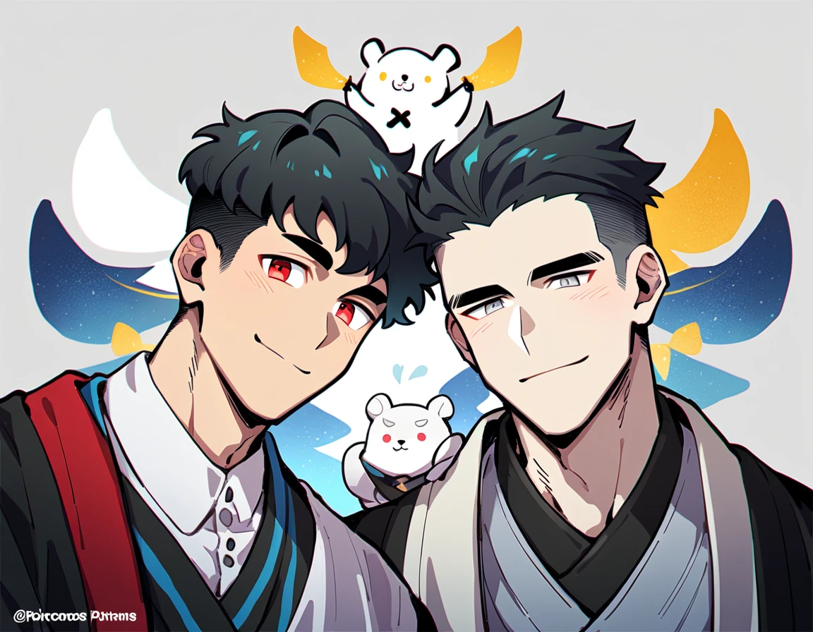 2 young men, focus man , Yaoi, pair, portable princess, bear, look elsewhere, smile, short hair, black hair, red eyes, Acharya, black hair, Undercut style, gray eyes , The best aesthetics , best quality, Amazing quality, The best aesthetics, nonsense,dark