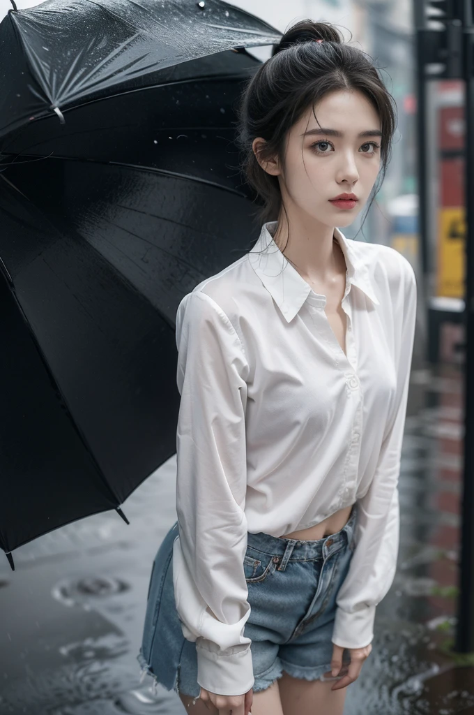 (((best quality))),(((ultra detailed))),(((masterpiece))),illustration,1girl, young,solo, slim,thin,short ponytail,small breasts,flat chest,white collared shirt,shorts,standing,arms behind back,rainy night, heavy rain, drenched clothes, melancholy expression, solitude, tear rolling down cheek, wet hair, empty streets, dimly lit, deserted environment, sound of rain, footsteps, symbol of hope, abandoned, resilience, determination, walking in rain, heartbreak, loss, love fading, loneliness, body language, facial expression, dreary atmosphere, rain-soaked streets, somber mood, viewer engagement,((upper body,from front)),urban scape,night scene