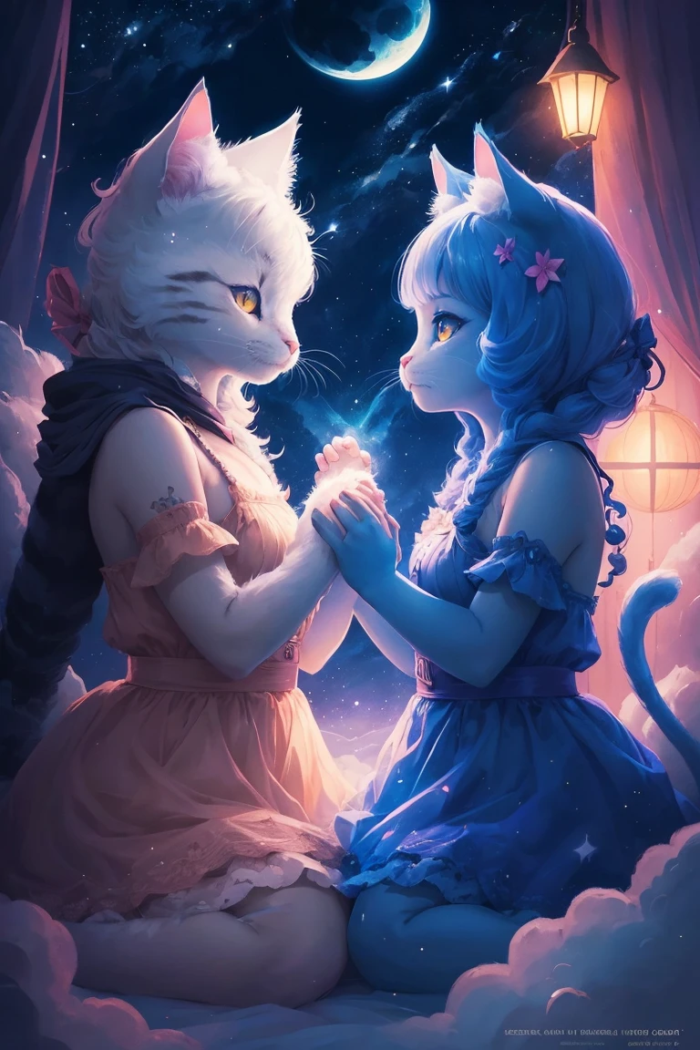 two cats in the moonlight with stars and clouds, poster art by Kubisi art, trending on cgsociety, furry art, jen bartel, 🌺 cgsociety, night starry sky full of cats, beeple and jeremiah ketner, cats cat dreamcats, very very beautiful furry art, cat cat dreamcats, beautiful illustration, digital art on pixiv