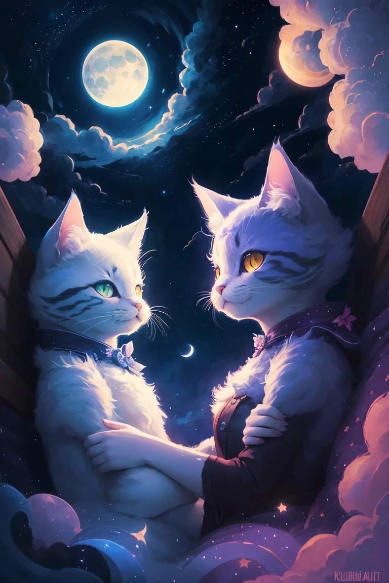 two cats in the moonlight with stars and clouds, poster art by Kubisi art, trending on cgsociety, furry art, jen bartel, 🌺 cgsociety, night starry sky full of cats, beeple and jeremiah ketner, cats cat dreamcats, very very beautiful furry art, cat cat dreamcats, beautiful illustration, digital art on pixiv
