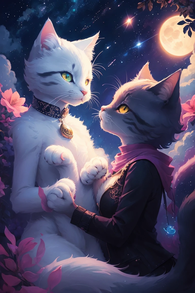 two cats in the moonlight with stars and clouds, poster art by Kubisi art, trending on cgsociety, furry art, jen bartel, 🌺 cgsociety, night starry sky full of cats, beeple and jeremiah ketner, cats cat dreamcats, very very beautiful furry art, cat cat dreamcats, beautiful illustration, digital art on pixiv