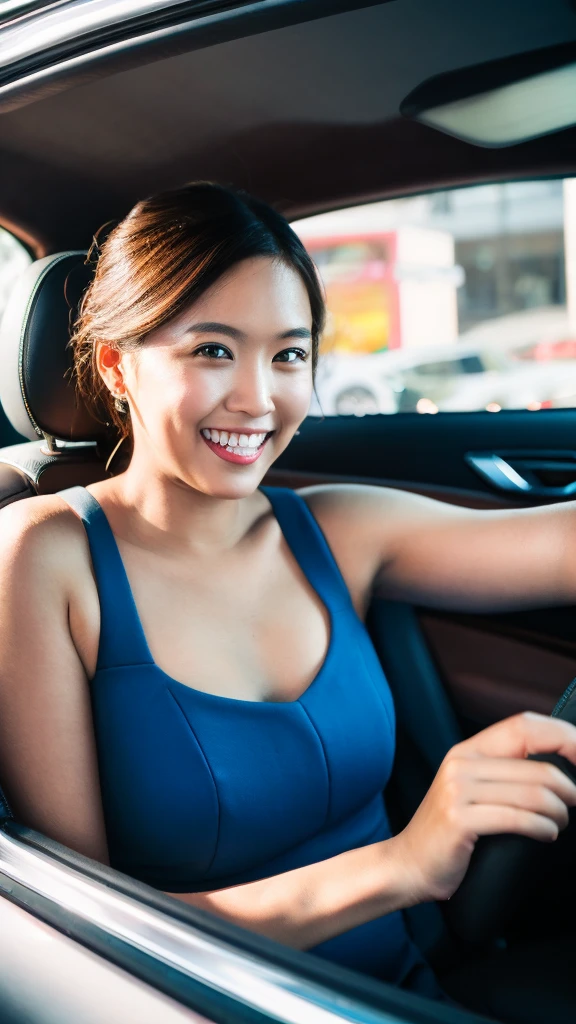 Sit in the passenger seat facing the driver，Photographed from the driver, perspective，2015 BMW X5M interior，32G cup，Off-the-shoulder blue dress，Low-cut V-neck，Eyes on the driver，smile showing teeth，Taiwanese streets in the background
